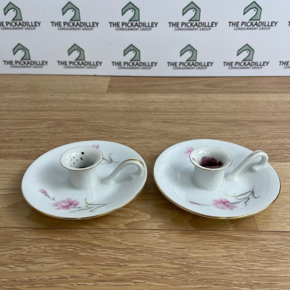 Royal Court Japan Carnation Fine China Chamberstick Candle Holders Set of 2 Pink
